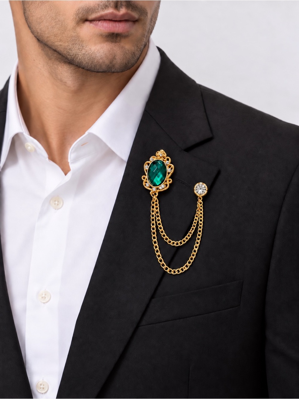 Brand New Emerald Green Rhinestone Double Chain Lapel Pin Gold Tone Unisex